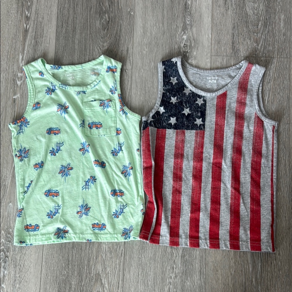 NWOT Carter's Boys Tank Tops - Light Green Palm Trees & American Flag Size 5T